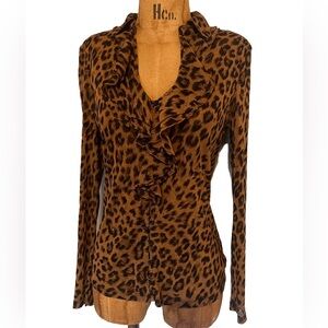 INC Lightweight Leopard Nylon Ruffled Button Down Blouse Like New!